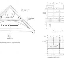 Detailed record of historic roof carpentry, with reconstructed plan and longitudinal cross-section of implied range